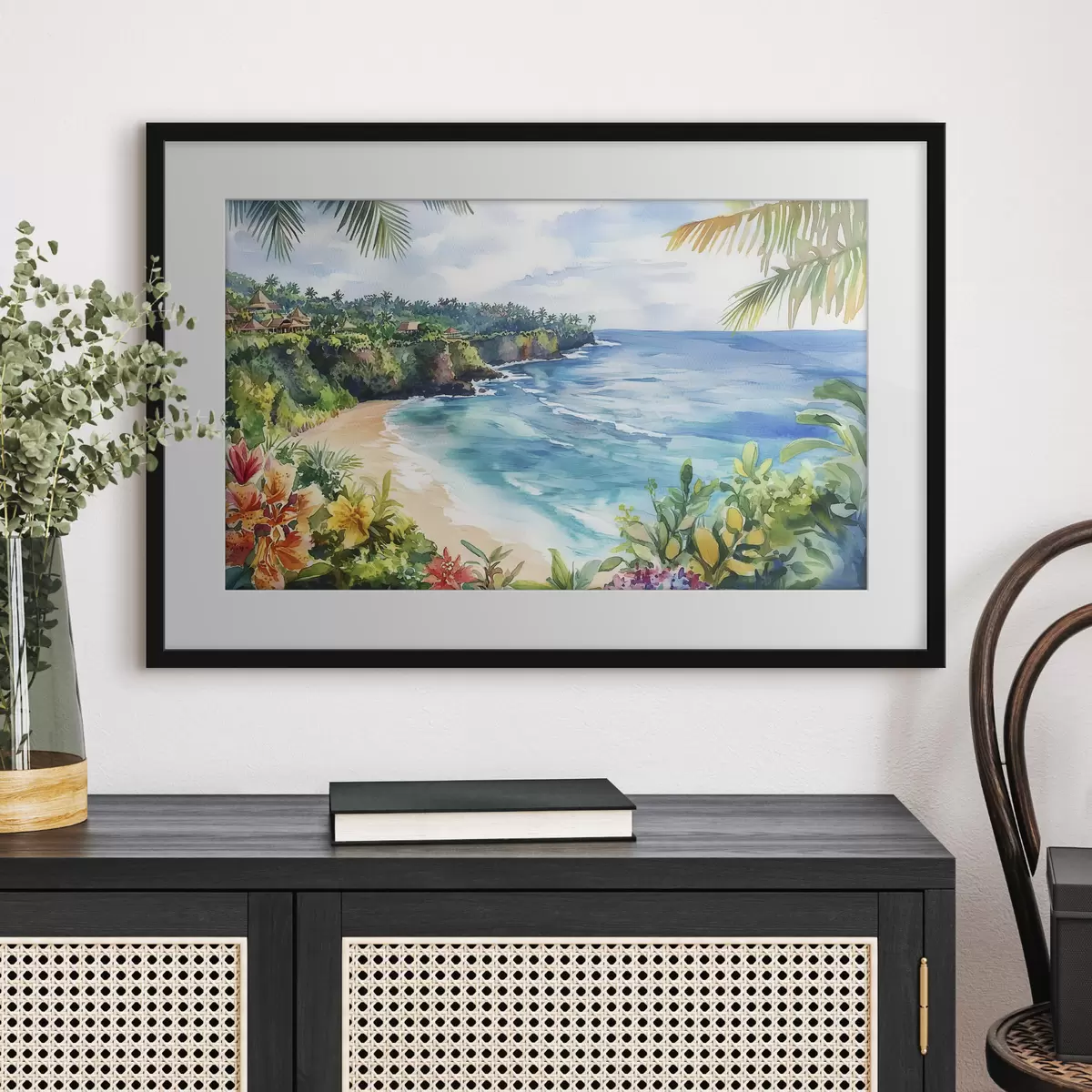 Plakat Tropikalna plaża oceaniczna, palmy, kwiaty, styl akwareli f44145