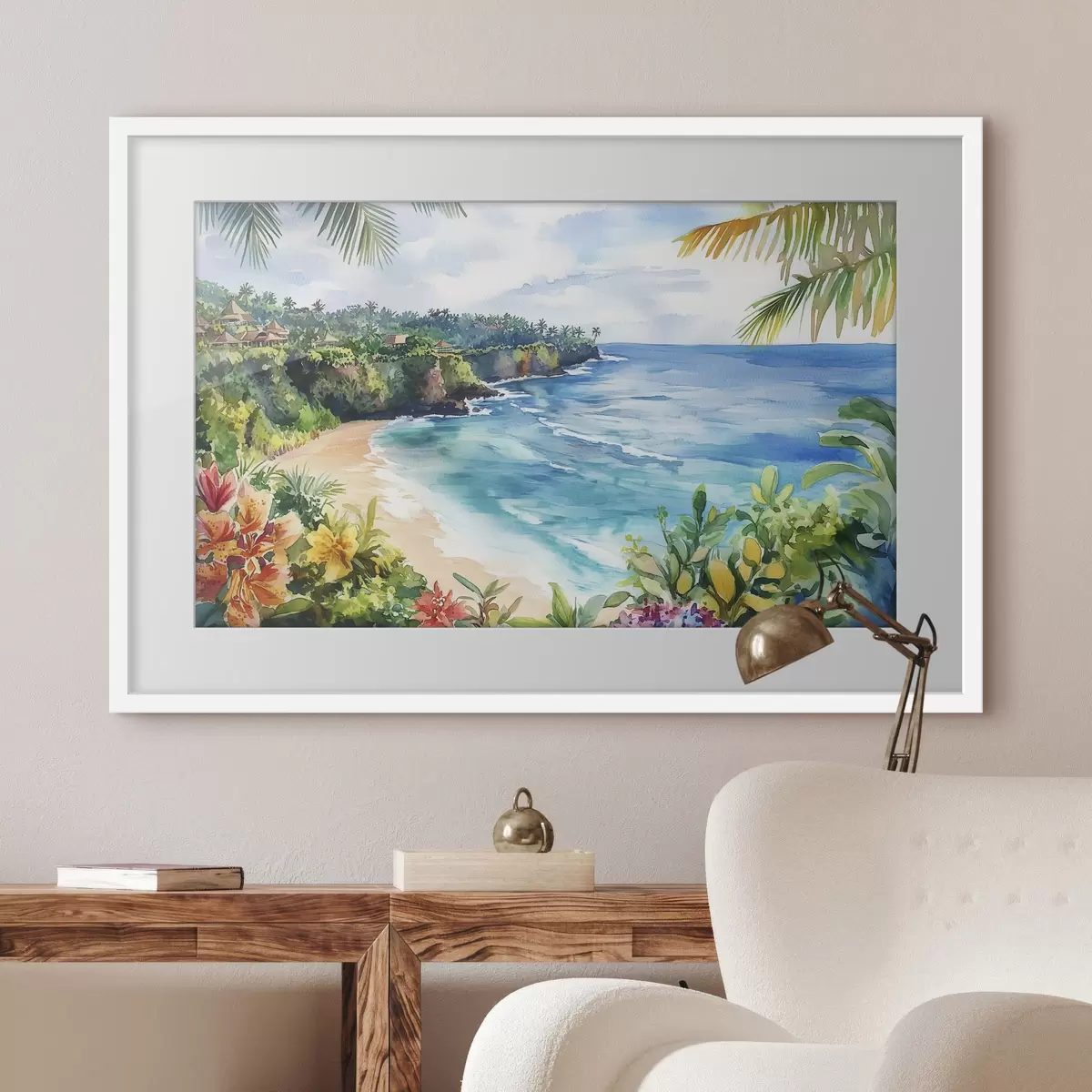 Plakat Tropikalna plaża oceaniczna, palmy, kwiaty, styl akwareli f44145