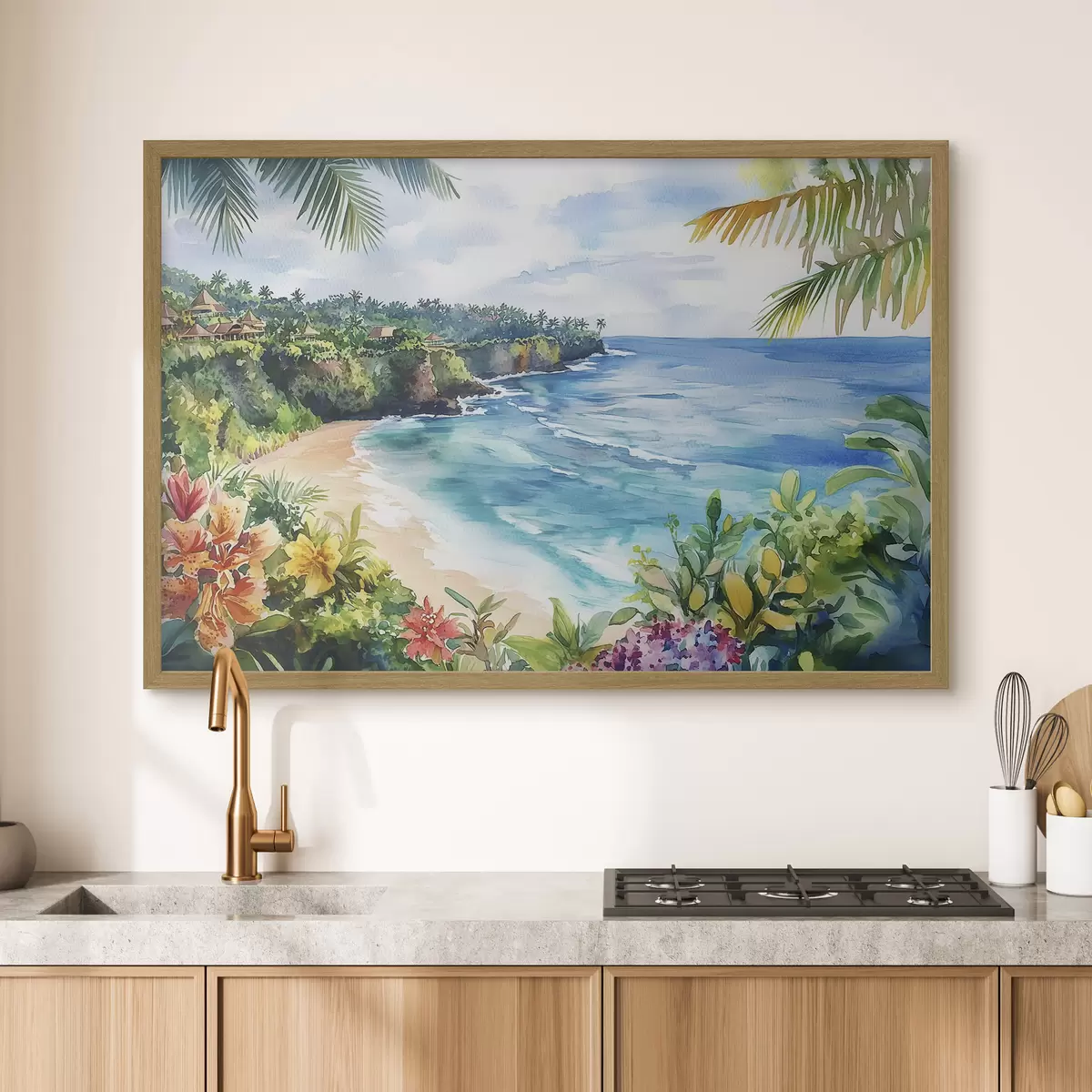 Plakat Tropikalna plaża oceaniczna, palmy, kwiaty, styl akwareli f44145
