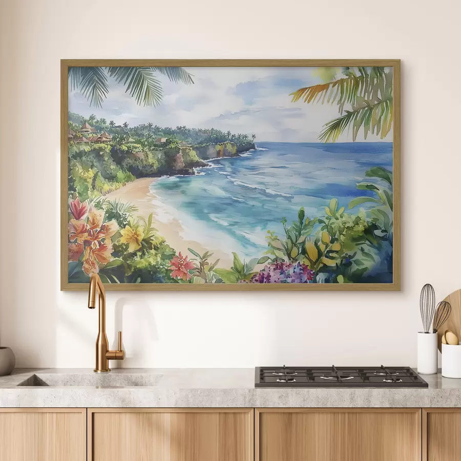 Fototapeta Tropikalna plaża oceaniczna, palmy, kwiaty, styl akwareli f44145