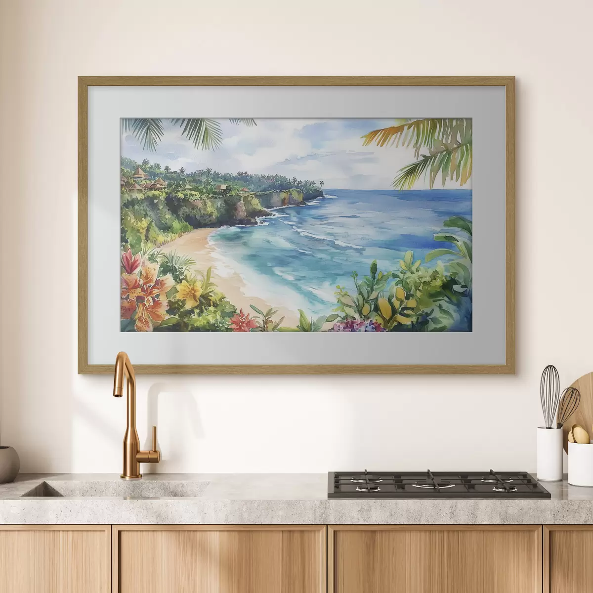 Plakat Tropikalna plaża oceaniczna, palmy, kwiaty, styl akwareli f44145