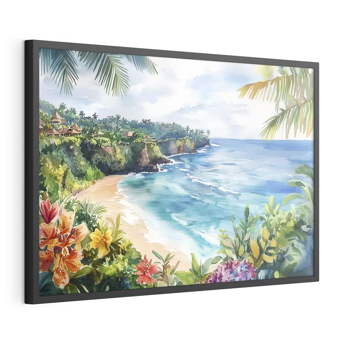 Plakat Tropikalna plaża oceaniczna, palmy, kwiaty, styl akwareli f44145