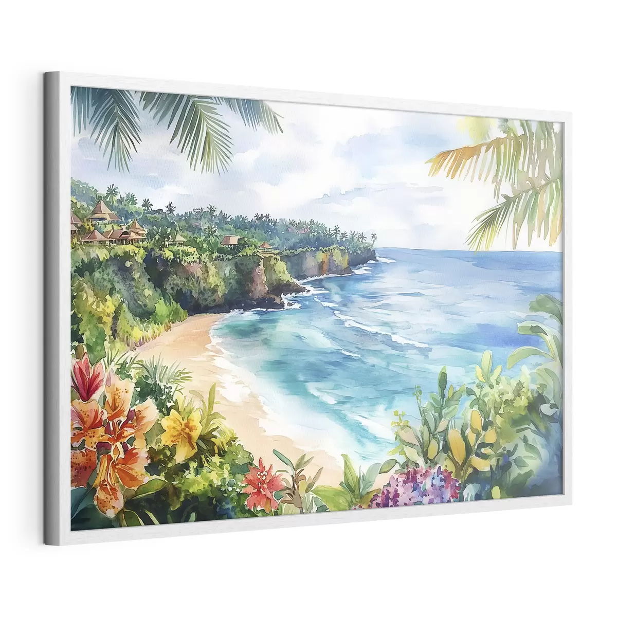 Plakat Tropikalna plaża oceaniczna, palmy, kwiaty, styl akwareli f44145