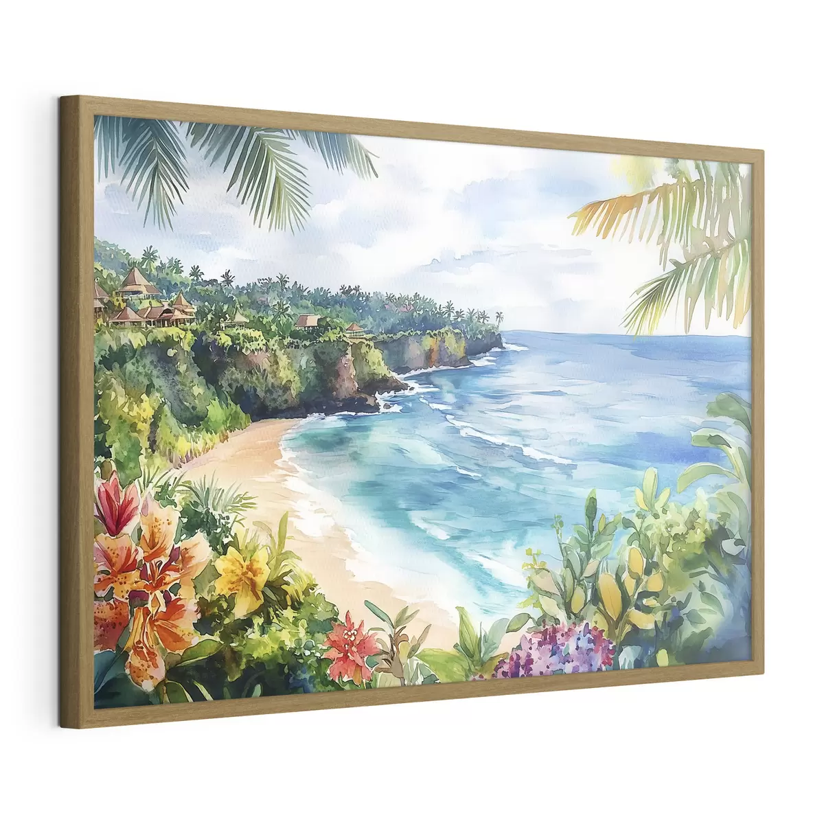 Plakat Tropikalna plaża oceaniczna, palmy, kwiaty, styl akwareli f44145
