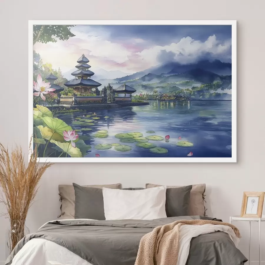 Fototapeta Indonezyjska wyspa, świątynia, buddyzm, tropikalna przyroda, styl akwareli f44148