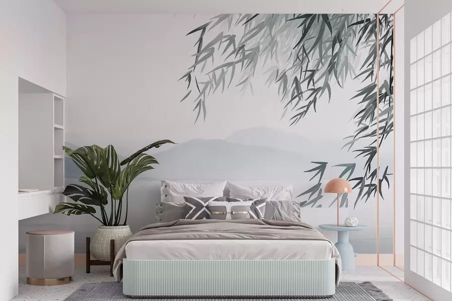 Fototapeta Liście bambusa wiszące nad jeziorem z górami w tle, delikatne niebieskie i białe odcienie, styl malowania tuszem w09048