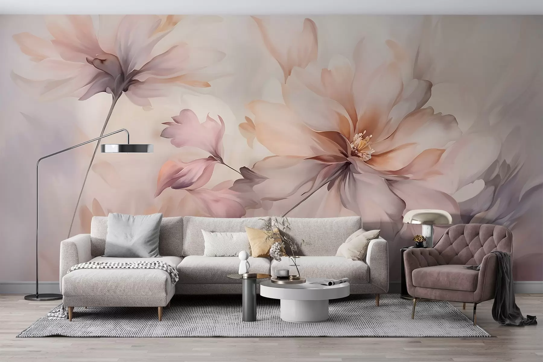 Fototapeta Delikatna grafika kwiatowa z dużymi pastelowymi kwiatami z półprzezroczystymi płatkami, miękkimi łodygami i delikatnym rozproszonym tłem  w09050