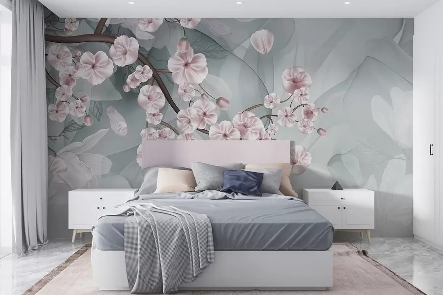 Fototapeta Gałęzie wiśni z różowymi kwiatami i płatkami, brązowe gałęzie, abstrakcyjne wyciszone tło z efektem płynięcia w09054