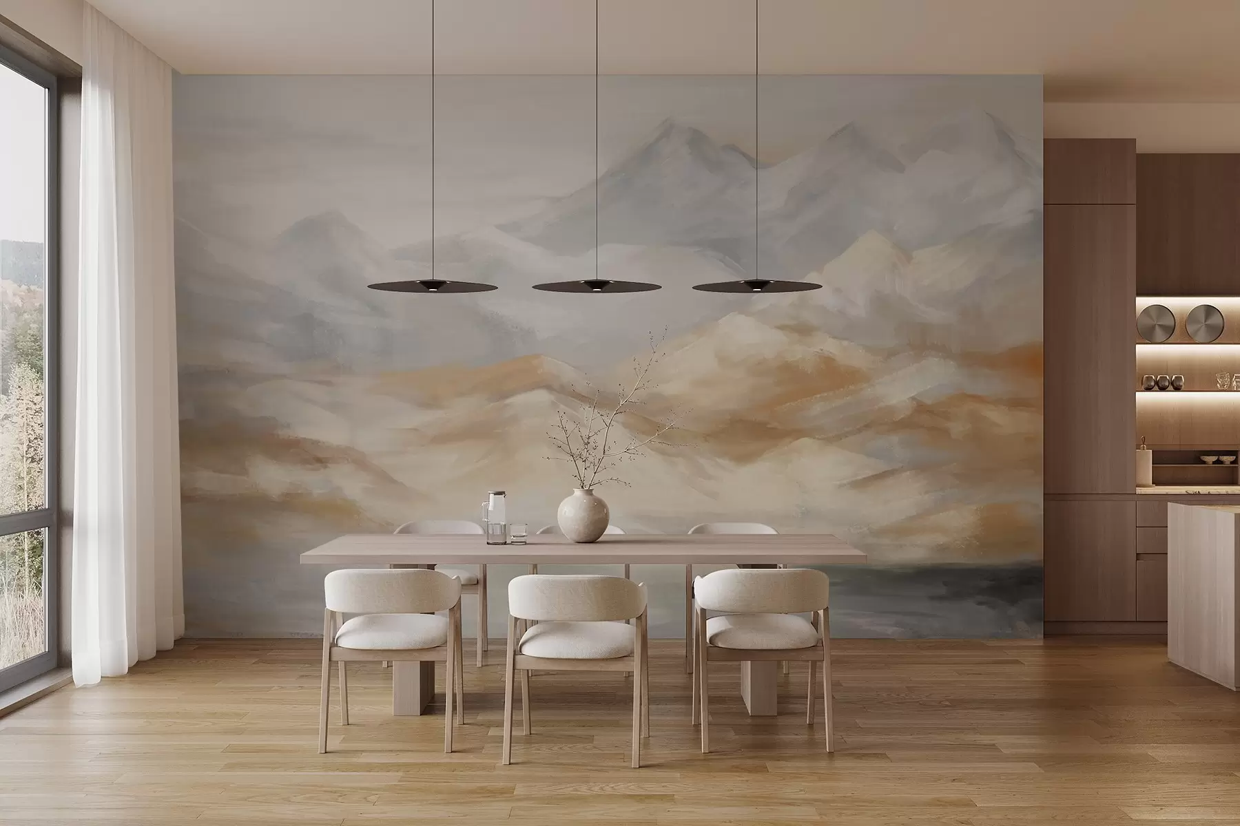 Fototapeta Teksturowany pejzaż przedstawiający góry z jeziorem na pierwszym planie, w odcieniach bieli, szarości i brązu w09057