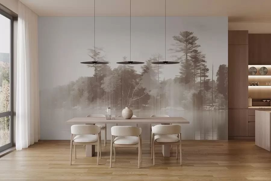 Fototapeta Abstrakcyjny minimalistyczny teksturowany krajobraz z jeziorem i odbiciami drzew w wodzie w odcieniach beżu i bieli w09058v1