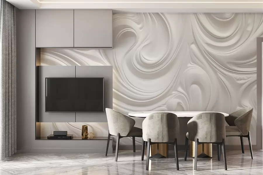 Fototapeta Biała abstrakcyjna sztuka nowoczesna z płynnymi wirami i falami, gładka tekstura, elegancki design, minimalistyczna estetyka w09059