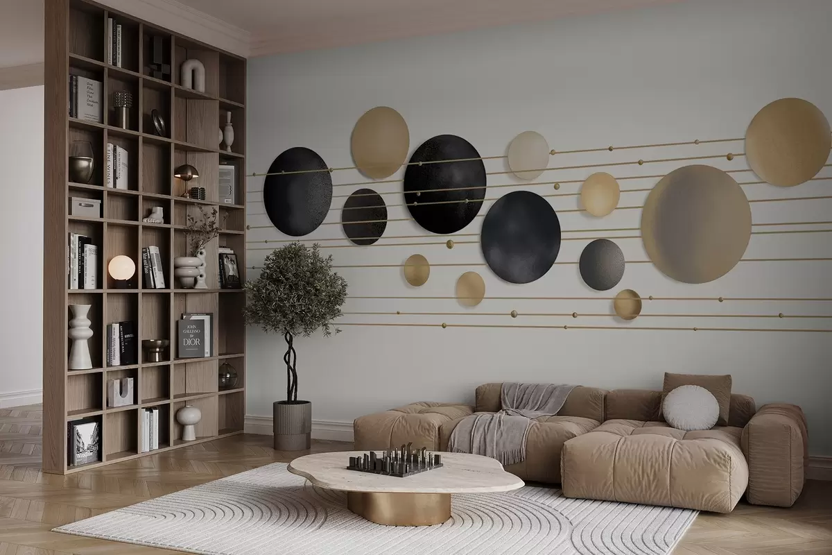Fototapeta Abstrakcyjny nowoczesny design z teksturowanymi okręgami w odcieniach bieli, żółci i szarości, połączonymi cienkimi liniami, minimalistyczna sztuka  w09060