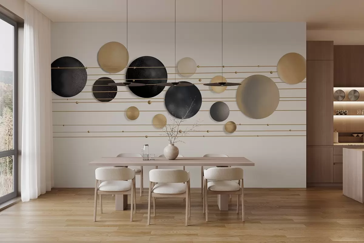 Fototapeta Abstrakcyjny nowoczesny design z teksturowanymi okręgami w odcieniach bieli, żółci i szarości, połączonymi cienkimi liniami, minimalistyczna sztuka  w09060