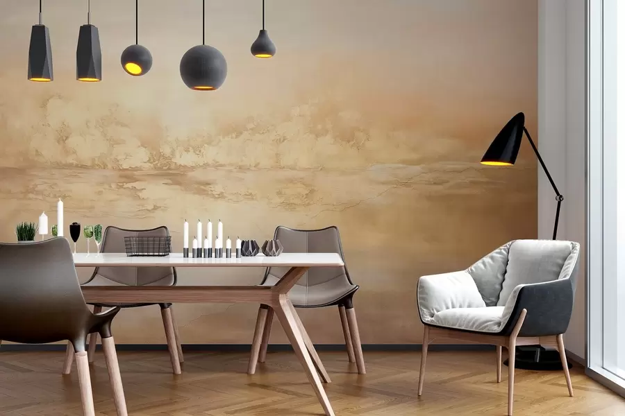 Fototapeta Abstrakcyjny, teksturowany krajobraz o ciepłych kolorach, miękkiej i sennej atmosferze oraz mieszance pomarańczowych, żółtych i białych odcieni w09063