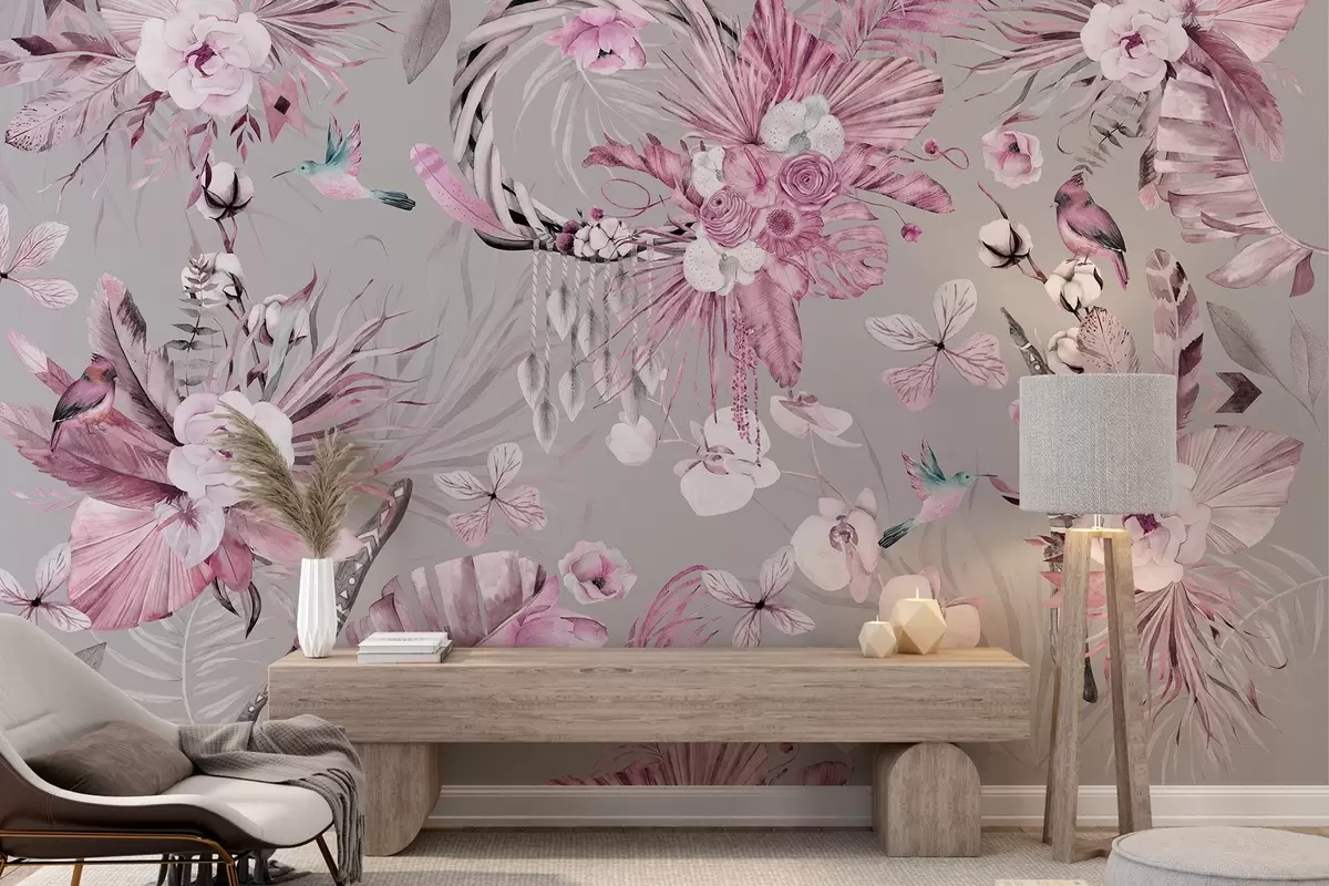 Fototapeta Ozdoba w stylu boho z kwiatami piwonii i ptakami, akwarela, różowe kolory w03885v1