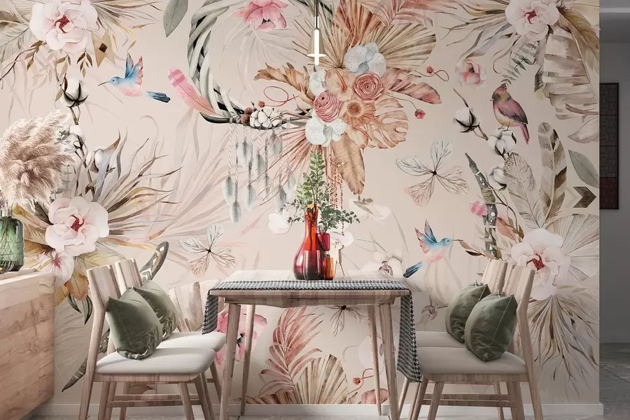 Fototapeta Ozdoba w stylu boho z kwiatami piwonii i ptakami, styl akwareli, delikatne kolory w03885v3