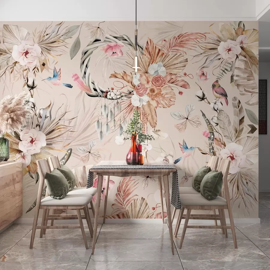 Fototapeta Ozdoba w stylu boho z kwiatami piwonii i ptakami, styl akwareli, delikatne kolory w03885v3