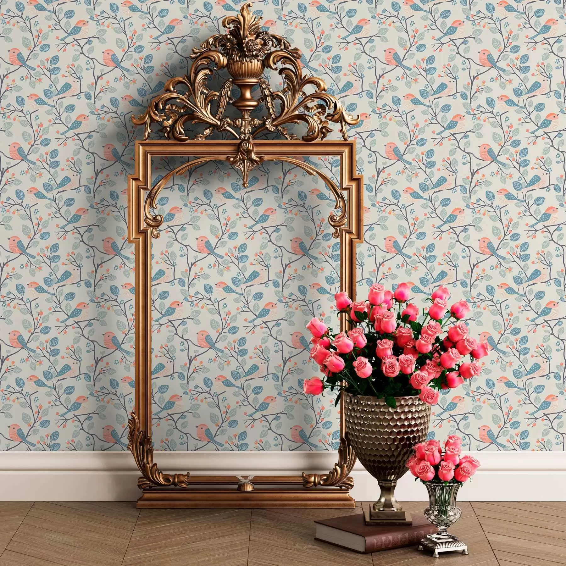 Fototapeta Pastelowe ptaki i gałązki na jasnym tle a00128