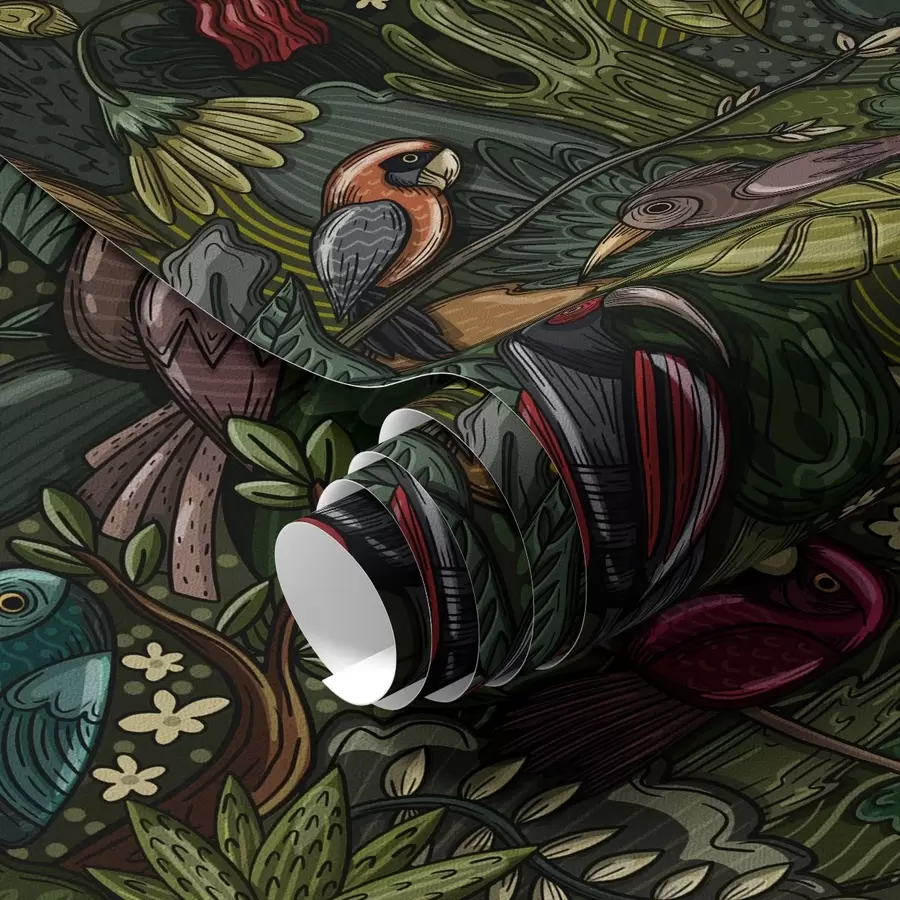 Fototapeta Egzotyczne ptaki w dżungli w stylu ryciny a00157