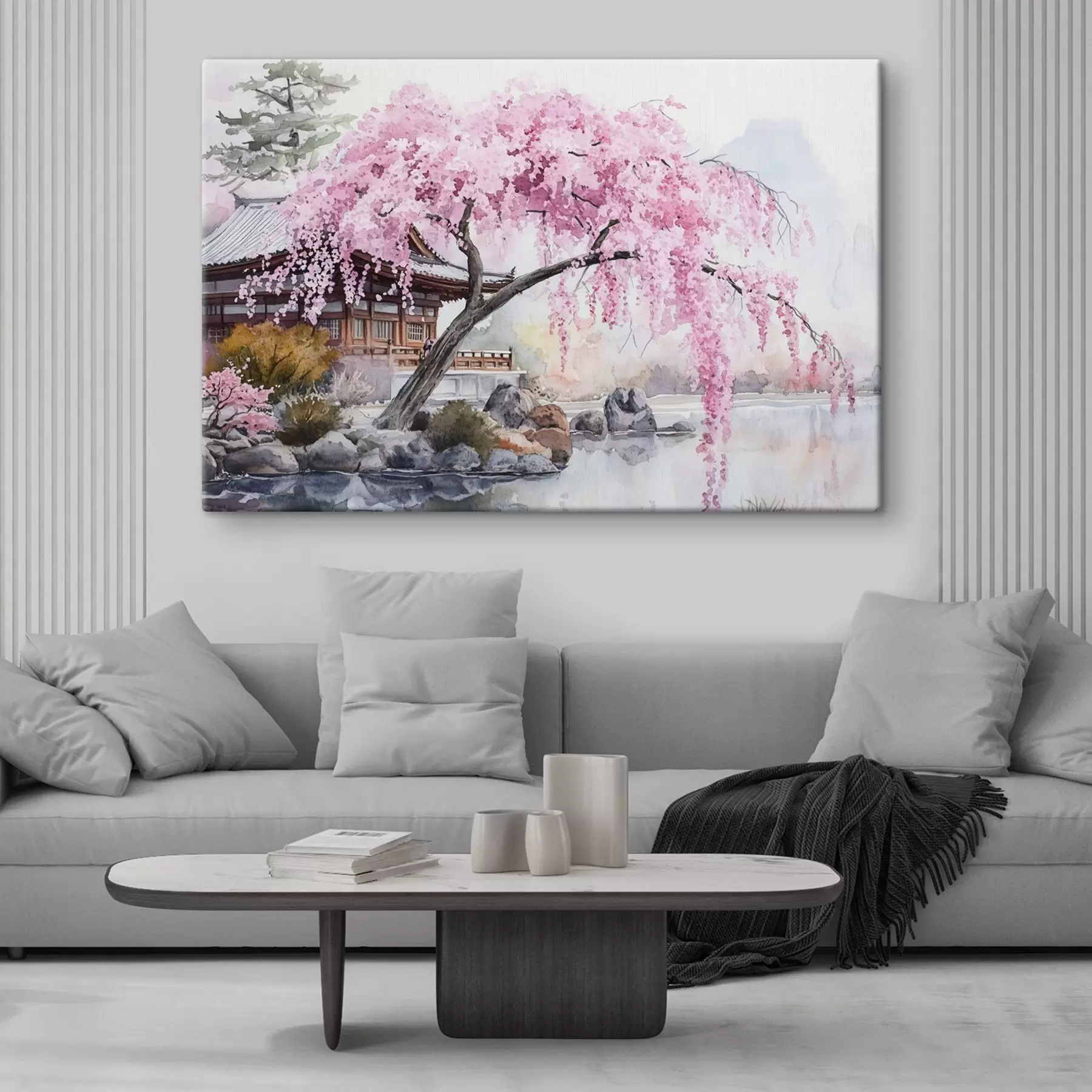 Fototapeta Różowe drzewo cherry w pobliżu domu nad jeziorem, Japonia, orientalny, styl akwareli s44312