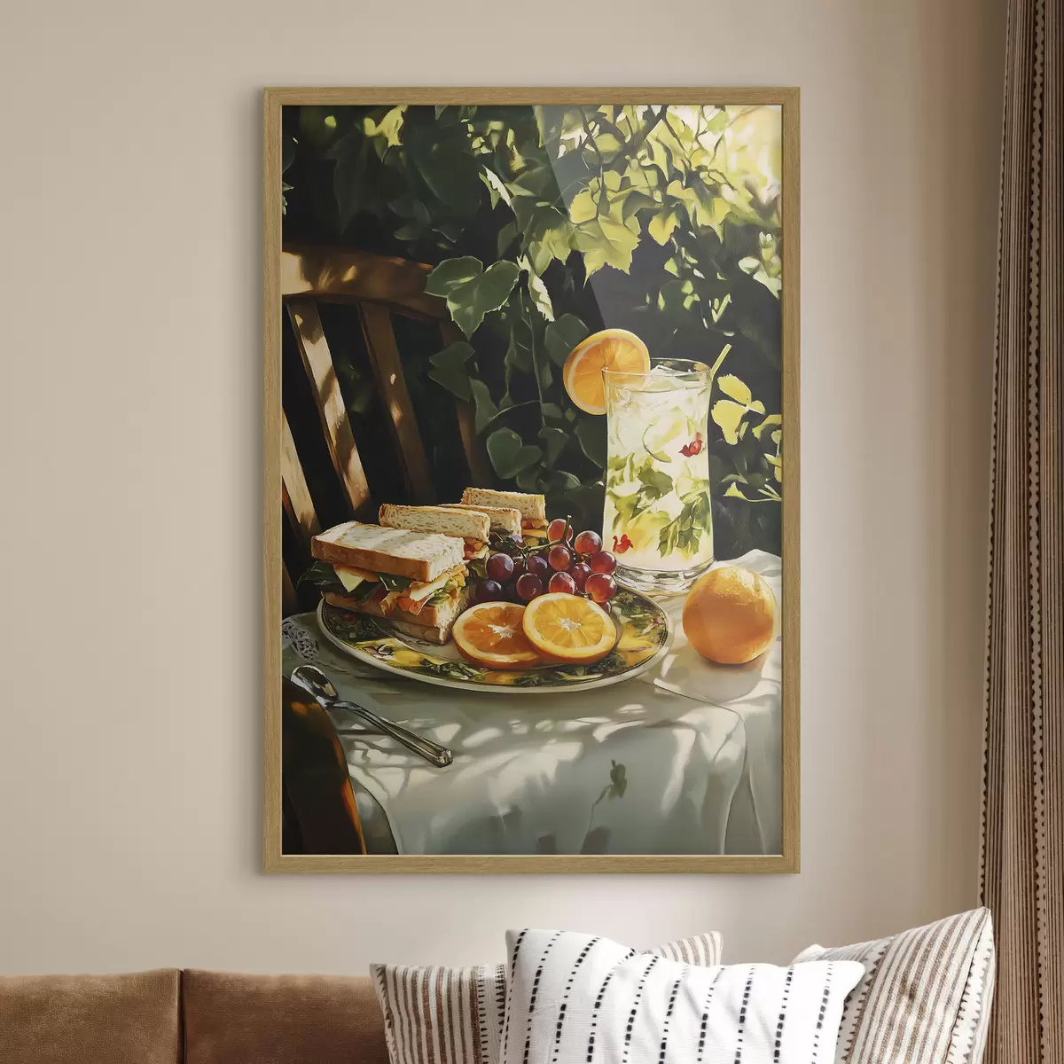 Plakat Estetyczny piknik w letnim ogrodzie, kanapki, pomarańcze, lemoniada f44306