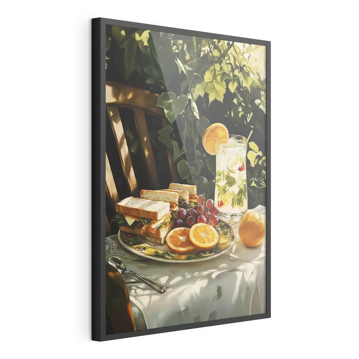 Plakat Estetyczny piknik w letnim ogrodzie, kanapki, pomarańcze, lemoniada f44306