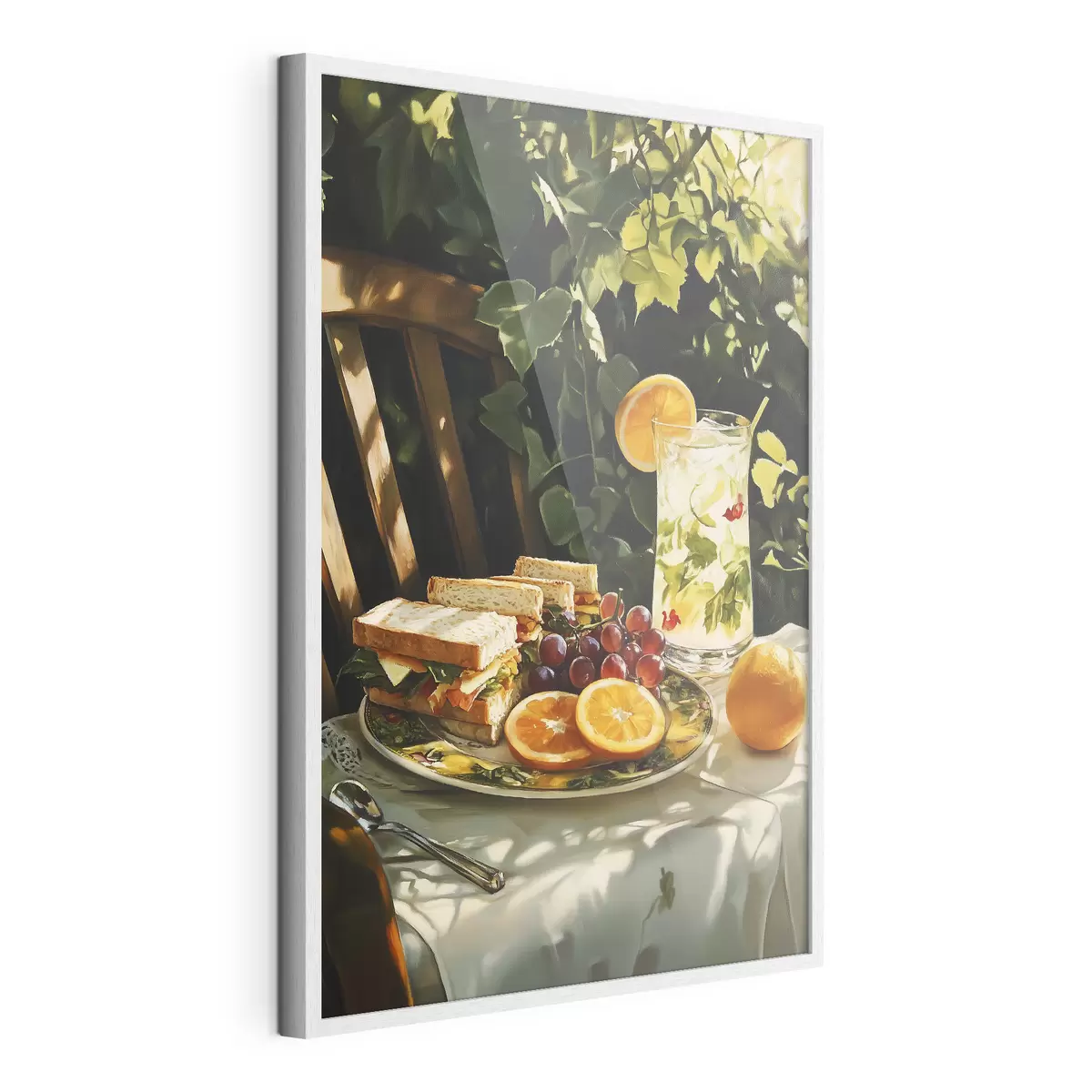 Plakat Estetyczny piknik w letnim ogrodzie, kanapki, pomarańcze, lemoniada f44306