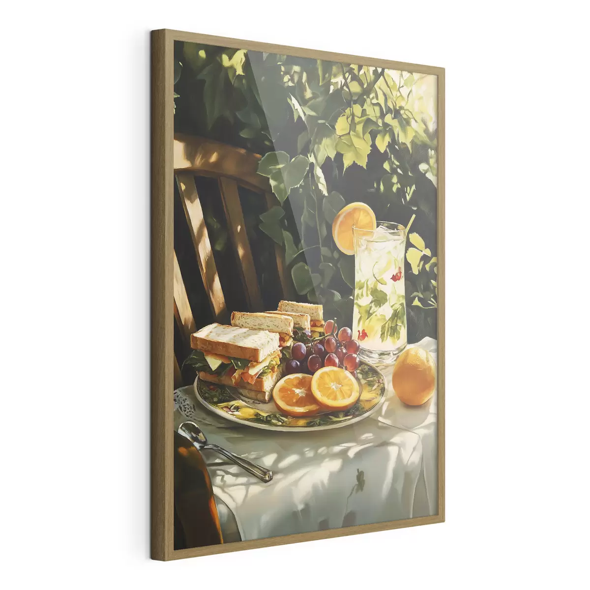 Plakat Estetyczny piknik w letnim ogrodzie, kanapki, pomarańcze, lemoniada f44306