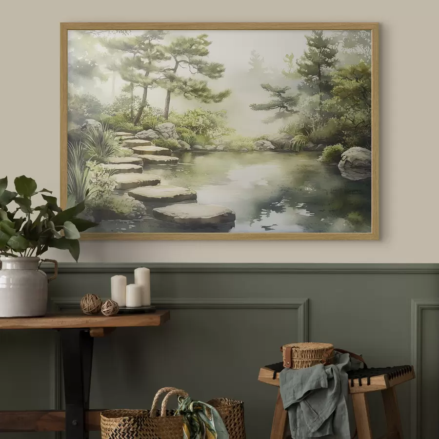 Fototapeta Orientalny ogród z jeziorem i drzewami, natura, styl akwareli f44313