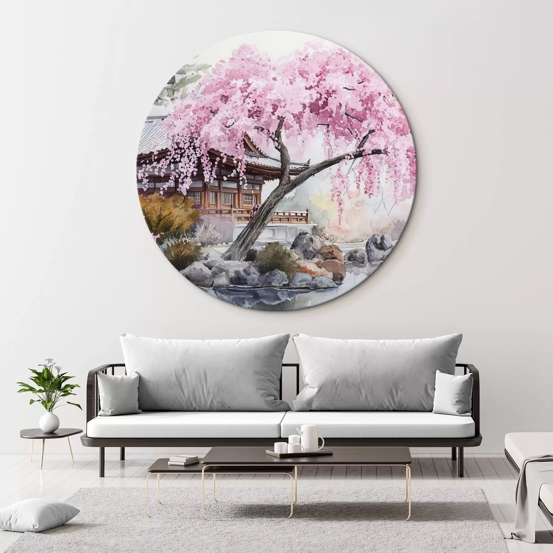 Obraz Różowe drzewo cherry w pobliżu domu nad jeziorem, Japonia, orientalny, styl akwareli r44312