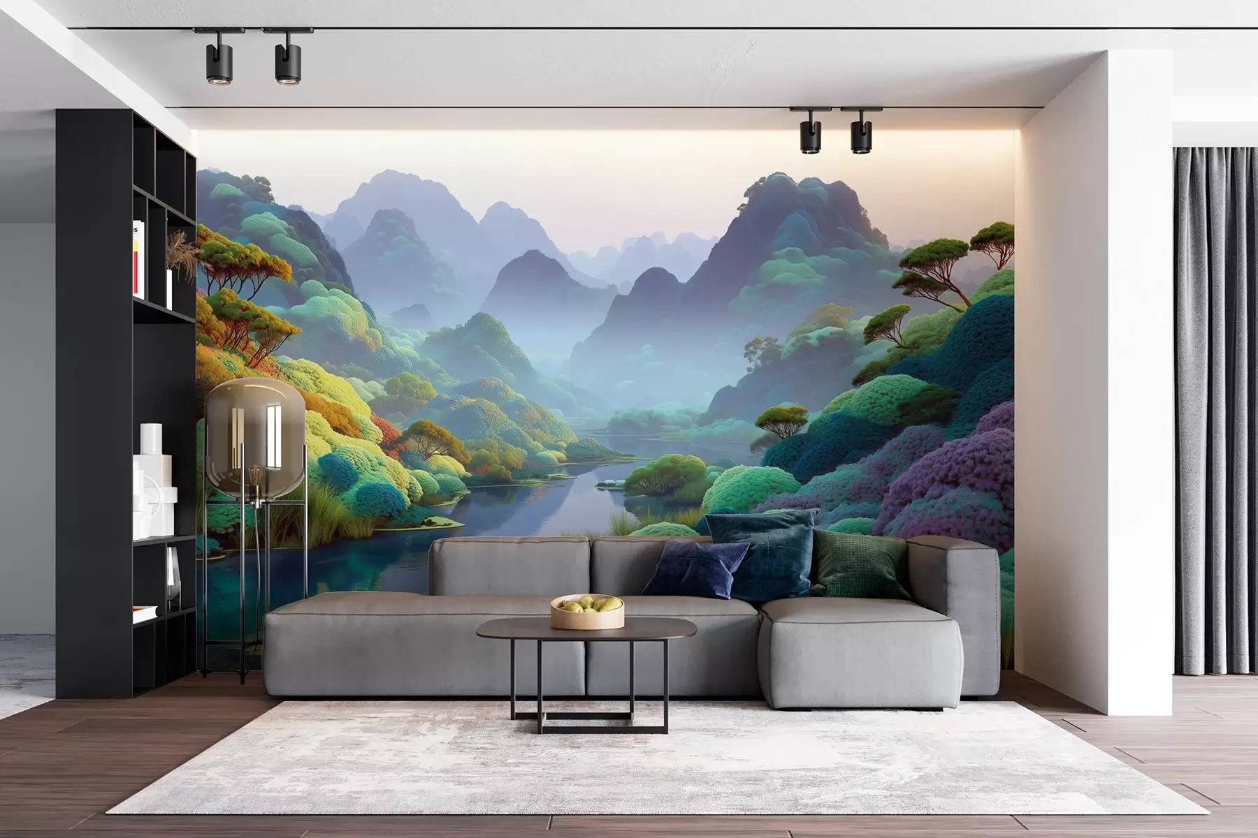 Fototapeta Krajobraz górski z rzeką w niebieskich odcieniach z drzewami i krzewami w09088