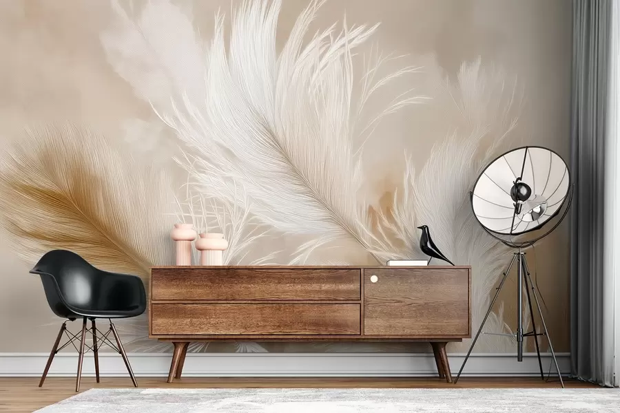 Fototapeta Latające, zwiewne pióra na beżowym tle w09102