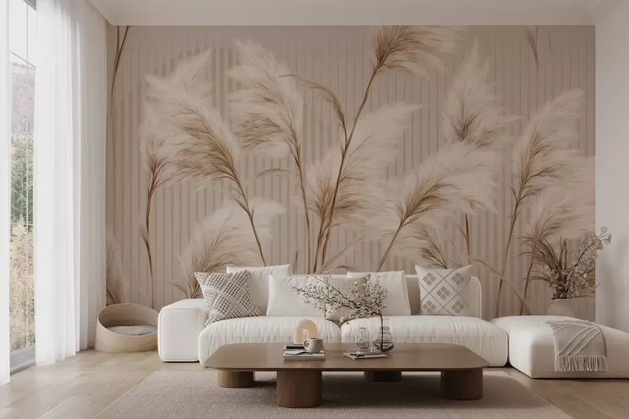 Fototapeta Trawa pampasowa na tle linii w odcieniach beżu w09104