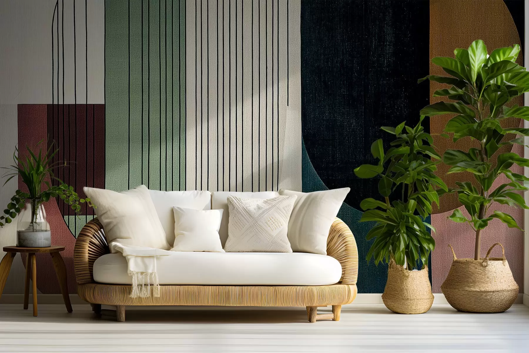 Fototapeta nowoczesna abstrakcyjna kompozycja geometryczna z nakładającymi się kształtami i pionowymi wzorami linii, cienkie linie wypełniające trapezy i owale, miękka tekstura tekstylna, ciepłe stonowane odcienie, takie jak oliwkowa zieleń, taupe, beż i węgiel drzewny, subtelne efekty przezroczystości między kształtami w03937v3