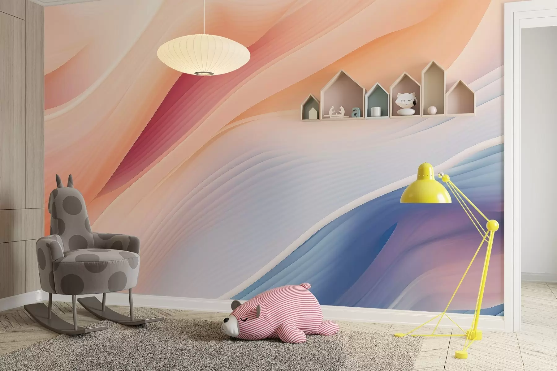 Fototapeta abstrakcyjne płynne kształty inspirowane wiatrem i wodą, ręcznie malowane z miękkimi pastelowymi gradientami i subtelną teksturą, organiczny ruch jak jedwab w zwolnionym tempie, blade tło z kości słoniowej, naturalna harmonia, bez obiektów, bez symboli, nowoczesna poetycka kompozycja tapety w03942