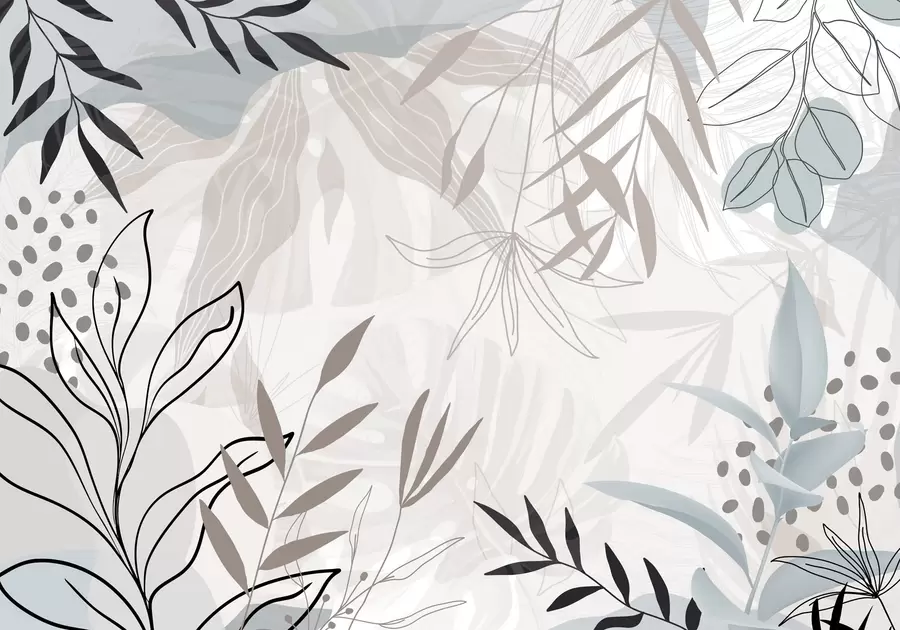 Fototapeta Abstrakcyjny kwiatowy nowoczesny design z pastelowymi beżowymi, szarymi, niebieskimi i czarnymi liśćmi, delikatną kreską i miękkim tłem  w09105