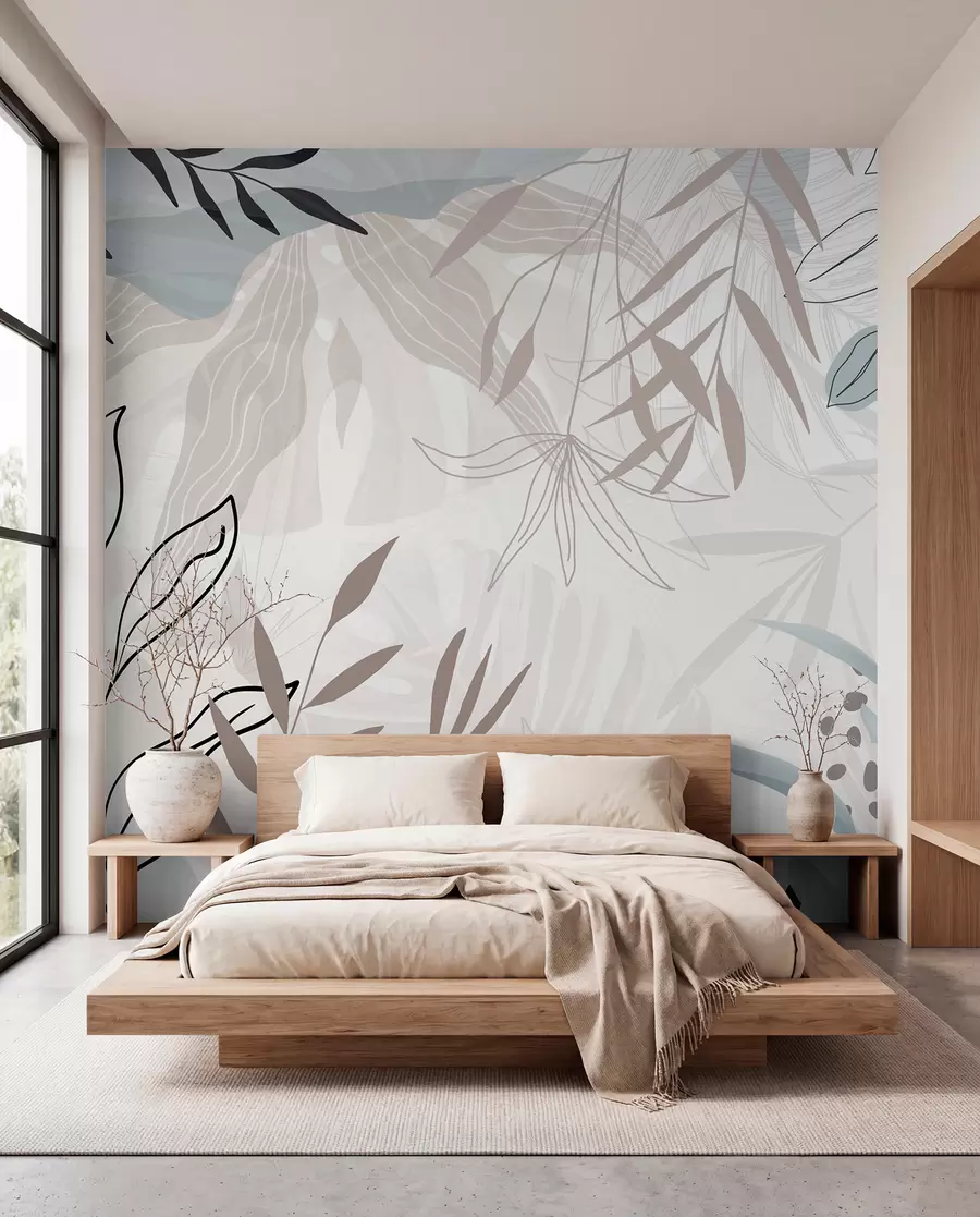 Fototapeta Abstrakcyjny kwiatowy nowoczesny design z pastelowymi beżowymi, szarymi, niebieskimi i czarnymi liśćmi, delikatną kreską i miękkim tłem  w09105