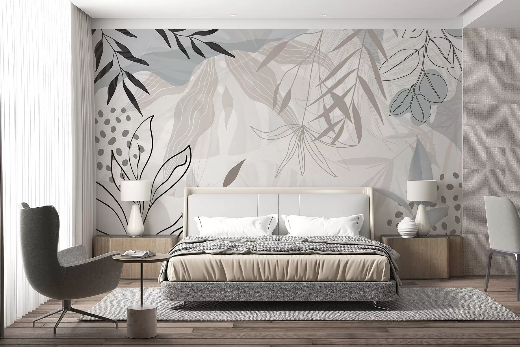 Fototapeta Abstrakcyjny kwiatowy nowoczesny design z pastelowymi beżowymi, szarymi, niebieskimi i czarnymi liśćmi, delikatną kreską i miękkim tłem  w09105