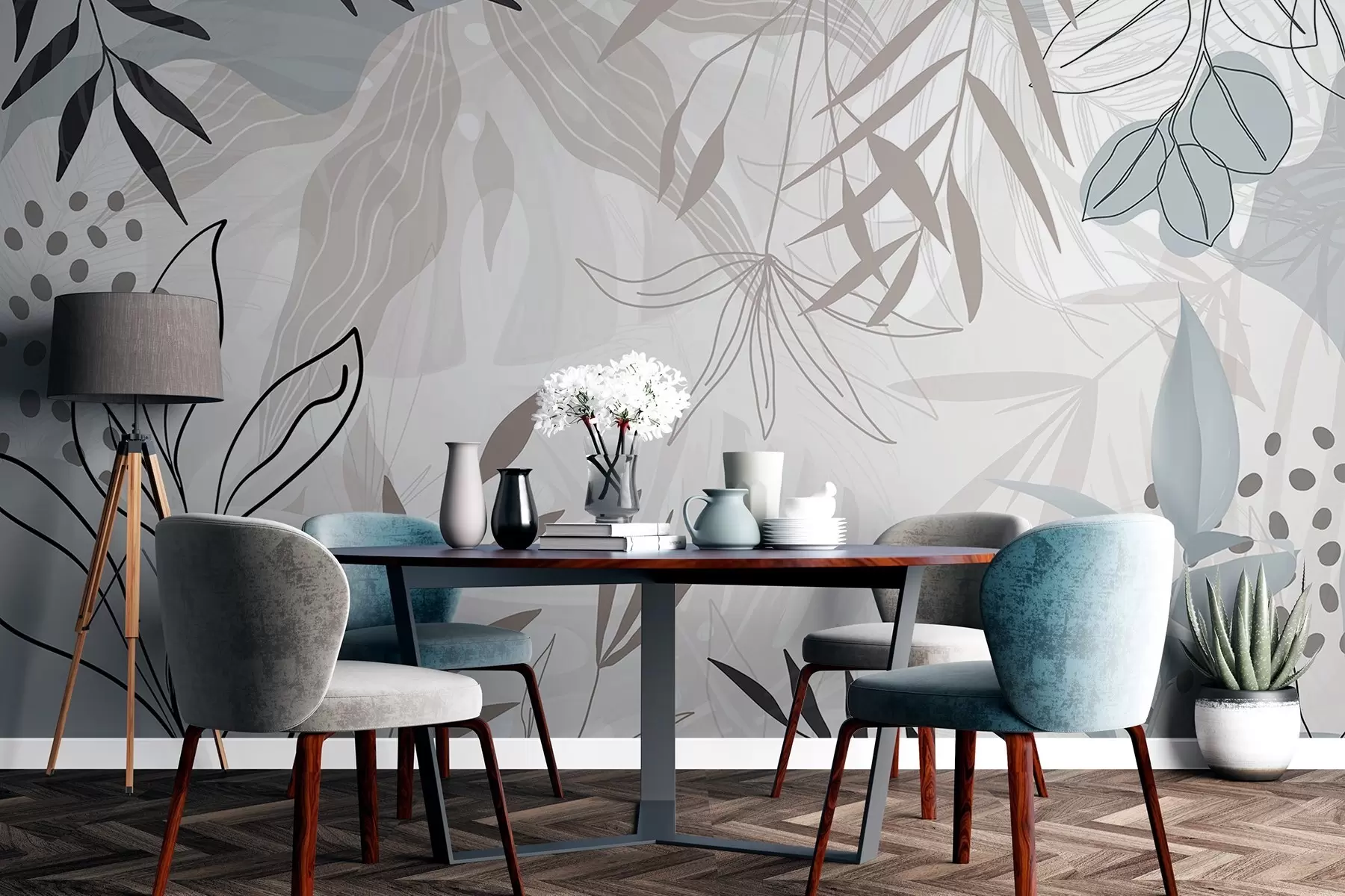 Fototapeta Abstrakcyjny kwiatowy nowoczesny design z pastelowymi beżowymi, szarymi, niebieskimi i czarnymi liśćmi, delikatną kreską i miękkim tłem  w09105