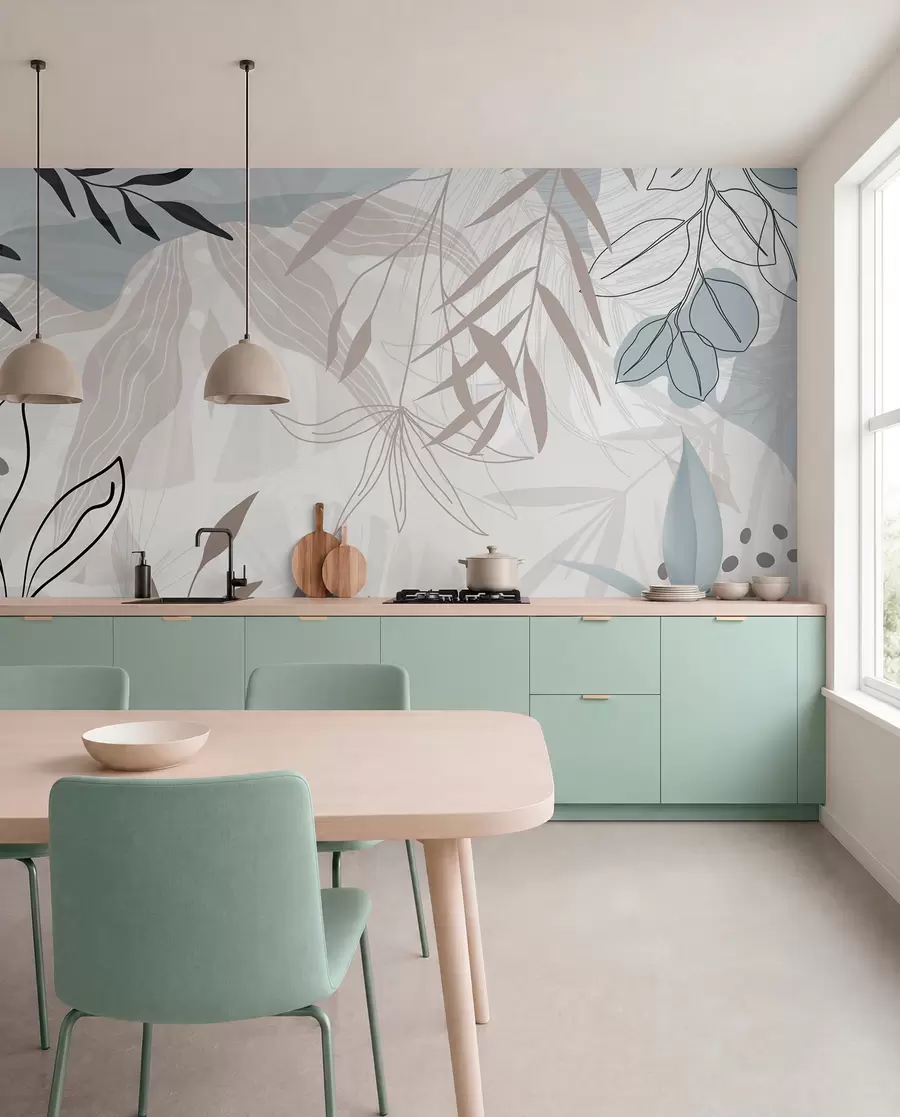 Fototapeta Abstrakcyjny kwiatowy nowoczesny design z pastelowymi beżowymi, szarymi, niebieskimi i czarnymi liśćmi, delikatną kreską i miękkim tłem  w09105