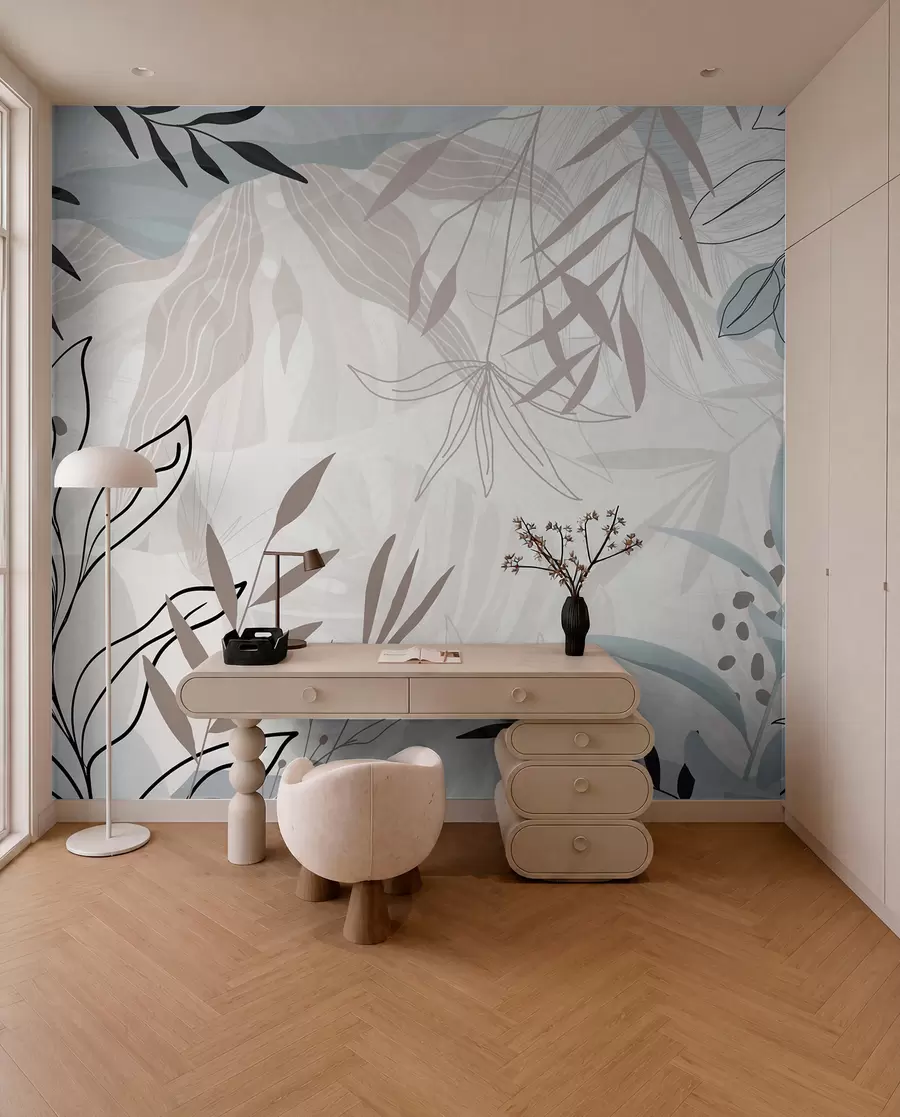Fototapeta Abstrakcyjny kwiatowy nowoczesny design z pastelowymi beżowymi, szarymi, niebieskimi i czarnymi liśćmi, delikatną kreską i miękkim tłem  w09105