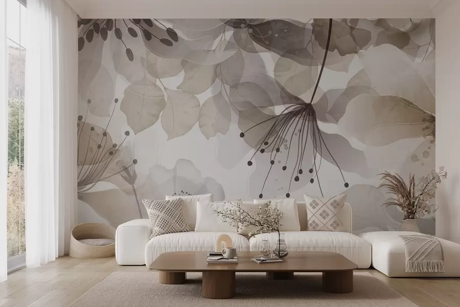 Fototapeta Kwiaty i liście w beżowych kolorach, półprzezroczyste płatki i liście, miękki efekt akwareli, delikatne linie, białe tło w09107v1