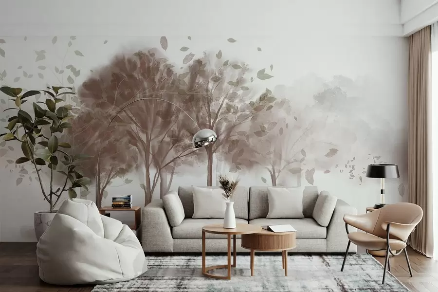 Fototapeta Abstrakcyjny krajobraz z drzewami o brązowych liściach odbijających się w wodzie, w stylu akwareli z teksturą w09109v1