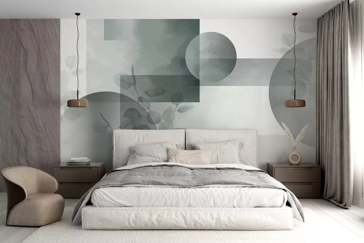 Fototapeta Abstrakcyjny nowoczesny minimalistyczny geometryczny wzór z okręgami i prostokątami, liście eukaliptusa, efekt akwareli w09110