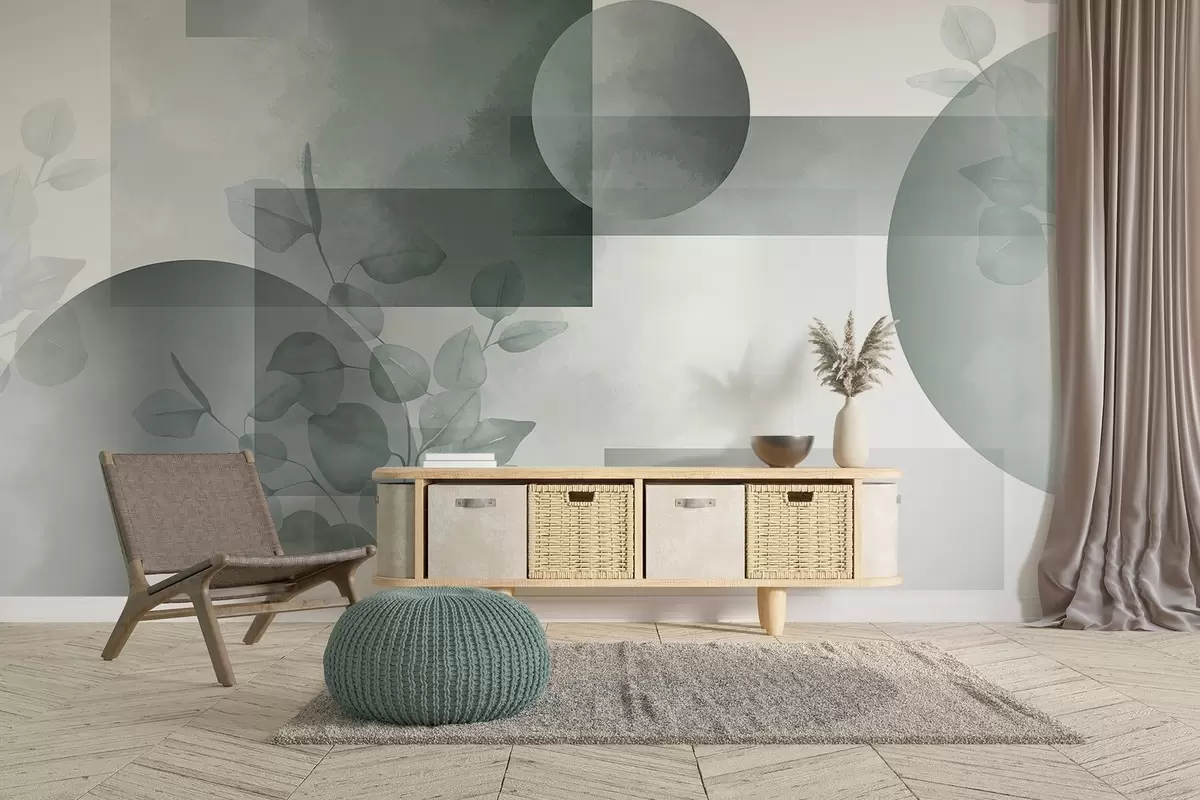 Fototapeta Abstrakcyjny nowoczesny minimalistyczny geometryczny wzór z okręgami i prostokątami, liście eukaliptusa, efekt akwareli w09110