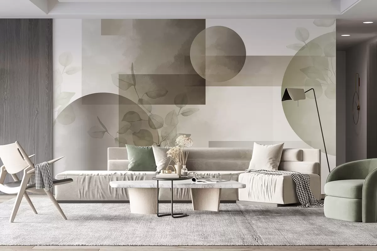 Fototapeta Abstrakcyjny nowoczesny minimalistyczny geometryczny wzór z okręgami i prostokątami, liście eukaliptusa, efekt akwareli w09110v1
