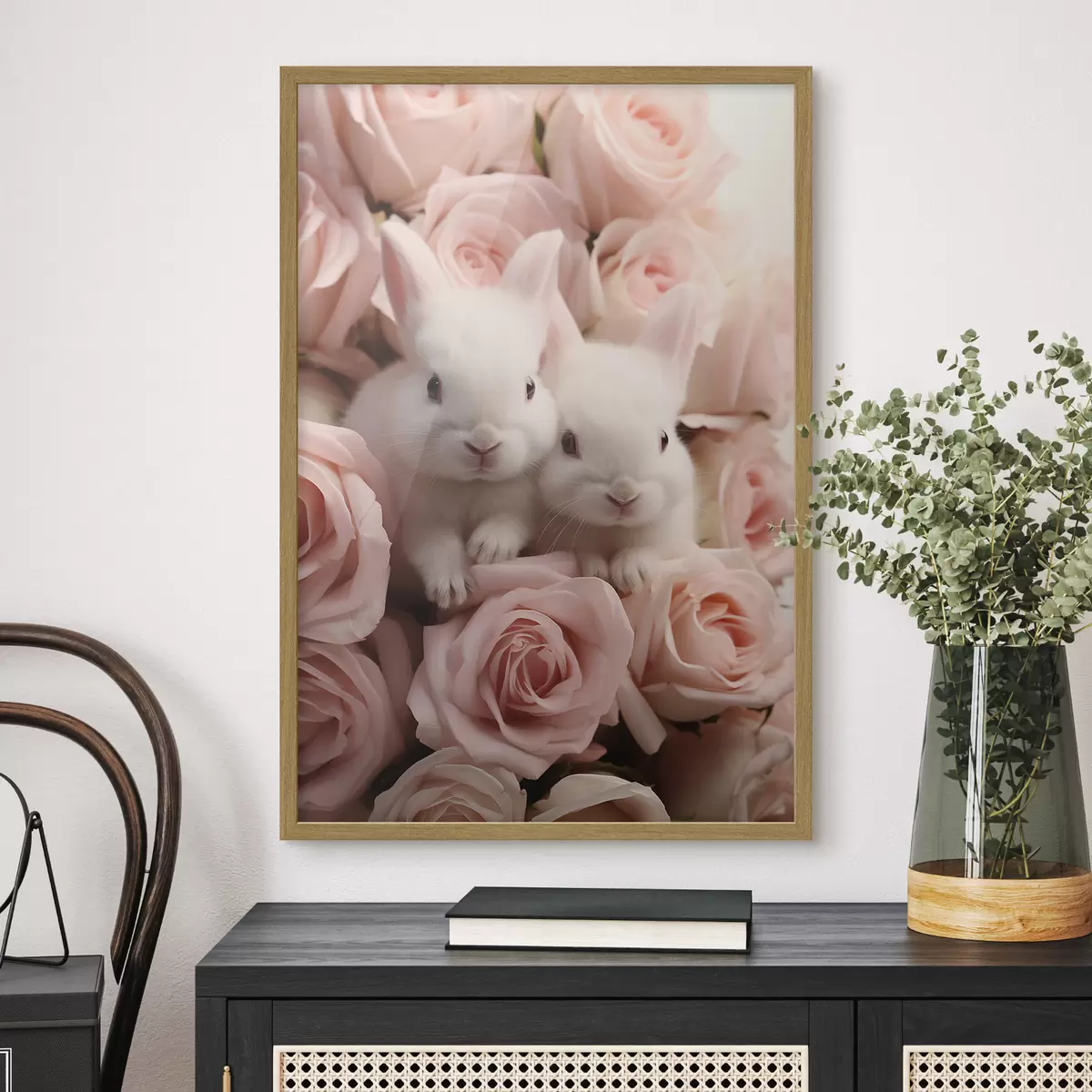 Plakat Dwa białe króliki w delikatnych kwiatach róży f44380