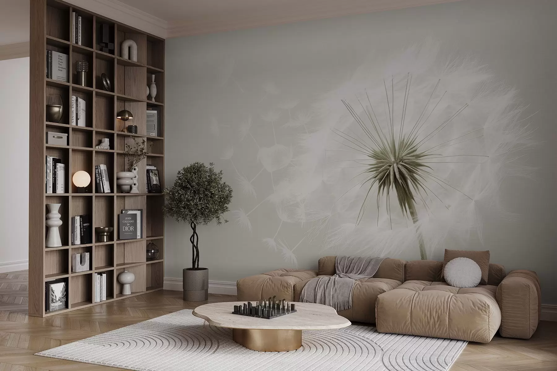 Fototapeta Nowoczesna, miękka kompozycja kwiatowa z w pełni rozkwitniętą główką mniszka lekarskiego i pływającymi nasionami, na tle delikatnej tekstury przypominającej tkaninę w03939v1