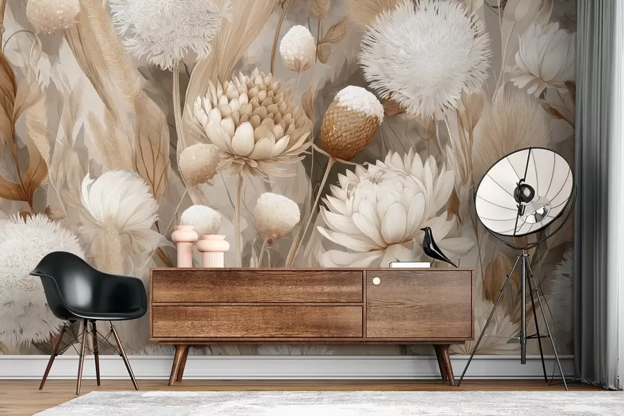 Fototapeta Boho Harmony: Teksturowane kwiaty w odcieniach beżu i kremu w09121