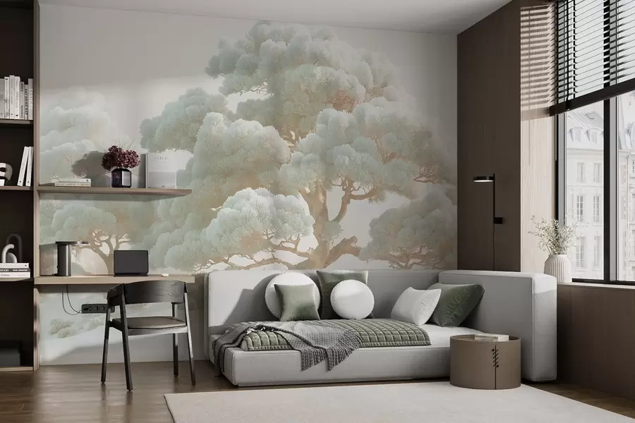 Fototapeta Sosny we mgle w delikatnych odcieniach stojące w lesie w09122